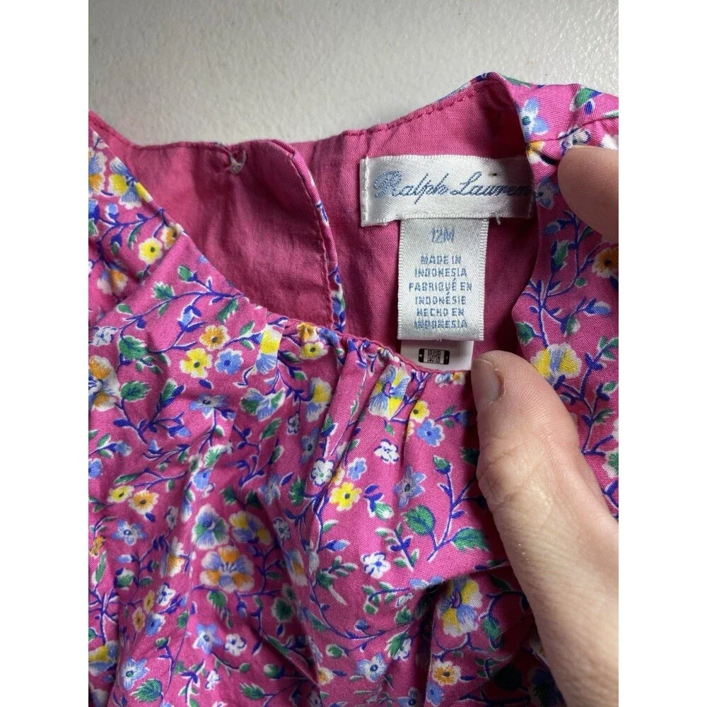 Y2K Ralph Lauren Baby Dress 12M Pink Floral Ruffle Hem Cottagecore Fairycore